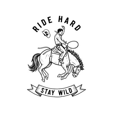 Cowboy riding a bucking horse with western typography