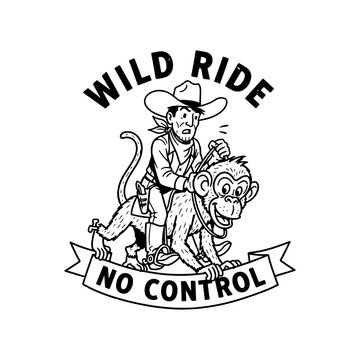 Funny cowboy riding a wild monkey illustration