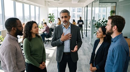 Obraz premium A middle aged businessman gestures while talking to a diverse group of colleagues about workplace stress and mental health in a bright office. Useful for corporate wellness and HR training.