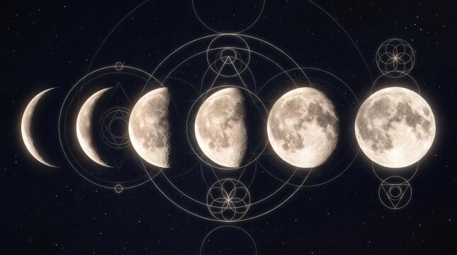 Lunar cycle phases with sacred geometry on night sky.