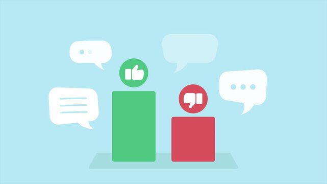 Animated bar chart compares positive and negative feedback with like, dislike and comment bubbles. Concept of customer sentiment, reviews and social media reactions.