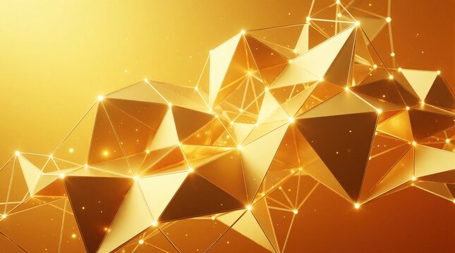 Abstract gold polygonal network with glowing lines, points. Geometric structure shows complex digital connection, data flow. Golden triangle pattern creates modern tech background with light effects.