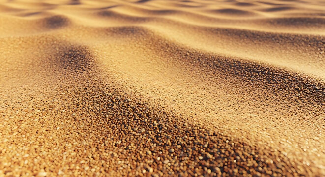 Golden sand dunes texture under warm sunlight creating soft ripples across expansive desert ground surface