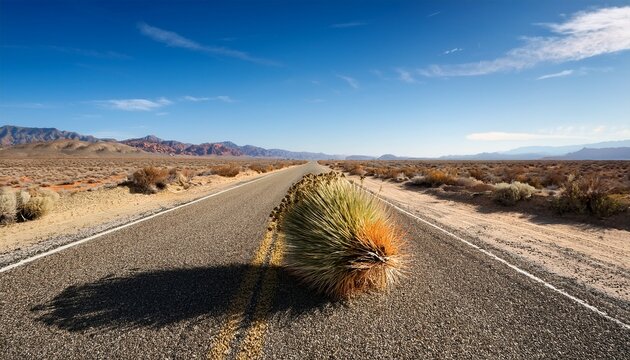 tumbleweed rolling on desert road under clear sky