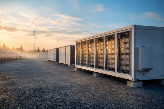 Large-scale battery energy storage facility beside solar panels and wind turbines at dawn, showcasing renewable power storage, grid stability and modern clean energy infrastructure.