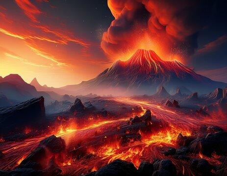 apocalyptic volcanic landscape with hot flowing lava and volcano moutain with ahs cloud on background ai generative