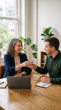 A mature woman hands a glass of water to a younger male colleague. It shows psychological safety and burnout prevention through small acts of care. Ideal for workplace wellness articles.