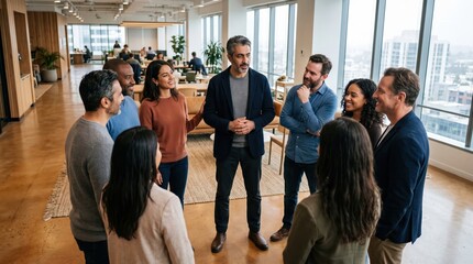 Obraz premium Diverse colleagues stand in a circle talking. The scene promotes psychological safety and burnout prevention through open communication. Ideal for HR training and corporate wellness articles.