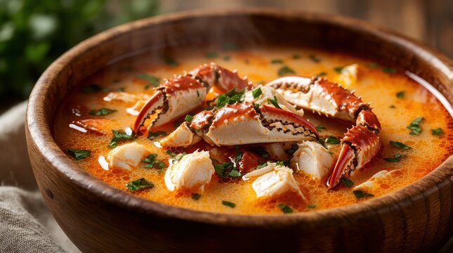 Tasty crab soup in wooden bowl. Fresh seafood dish with large crab claws, herbs. Hot creamy broth served for lunch dinner. Delicious gourmet meal with spicy red sauce in rustic style for restaurant