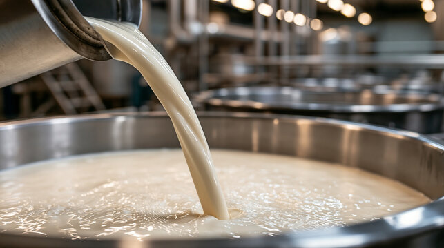 Fresh raw milk pouring into a large stainless steel vat inside a dairy processing plant. Ideal for dairy industry and food production concepts.