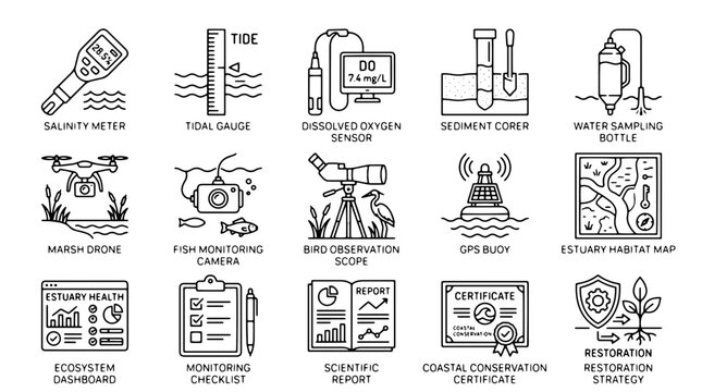 Scientific estuary monitoring icons, 15 coastal conservation line art symbols, marine research and ecosystem restoration vector set