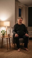 Fototapeta premium Senior man meditates in armchair with warm lamp light and diffuser. Peaceful moment for mental health and stress relief after work. Ideal for wellness and burnout prevention content.