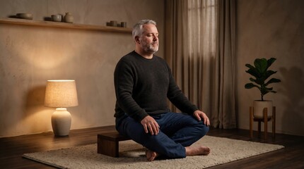 Fototapeta premium A man sits in a cross-legged meditation pose in a warmly lit room. This image represents workplace burnout prevention and mental health boundaries. Ideal for articles on wellness and self-care.