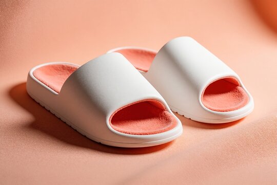 Minimalist white sliders with plush coral lining sit on a soft peach fabric surface. These open toe slippers offer comfort and style for indoor lounging or casual wear.
