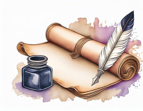 vintage quill pen ink bottle and old scrolls watercolor art on white background for writing history learning