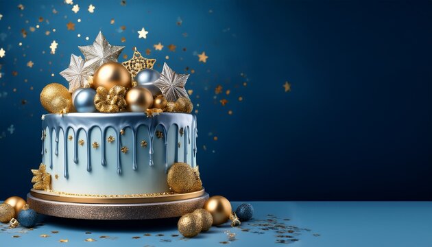 a birthday cake with gold and silver details on a royal blue background with space for text