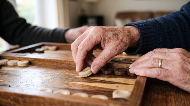 Elderly hands playing backgammon game on a wooden board, close up shot