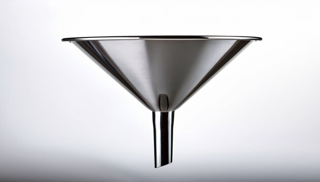sleek metal funnel on clean white background showcasing its smooth surface and conical shape this image highlights funnels practical design and functionality