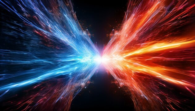 close up of two powerful clashing energy beams vibrant colors illuminating a dark abstract background intense light and dynamic motion capture a fierce unseen battle force unseen dramatic