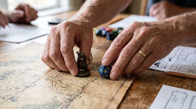 Close up of hands playing a tabletop role playing game with miniatures dice and map