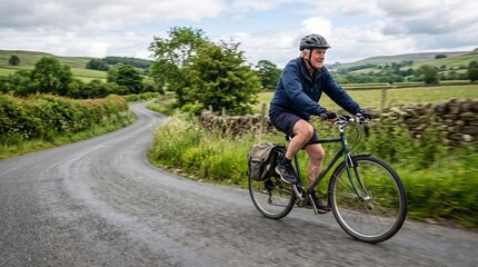 Fototapeta premium Elderly man cycling on a winding country road through green rolling hills and fields on a cloudy day