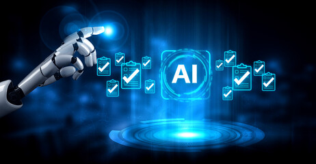 Fototapeta premium Futuristic Artificial Intelligence Concept with Robotic Hand Interacting with Digital Interface and Data Visualization Elements. Entropy.