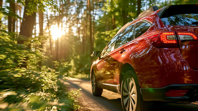 Red SUV driving briskly through a bright green summer forest / travel photo


