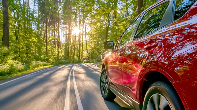Red SUV driving briskly through a bright green summer forest / travel photo

