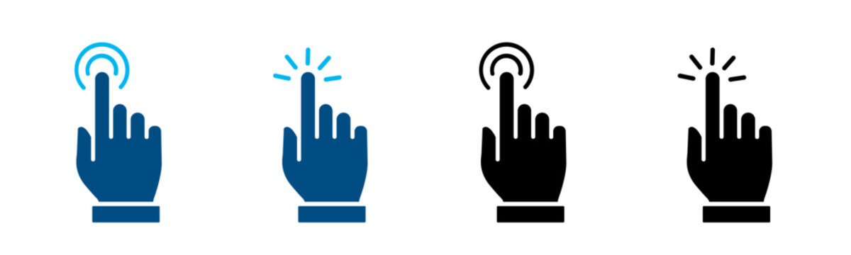 Hand click icon set. Finger tap pointer blue black touch symbol design. Click interface button interaction background. Vector icon.