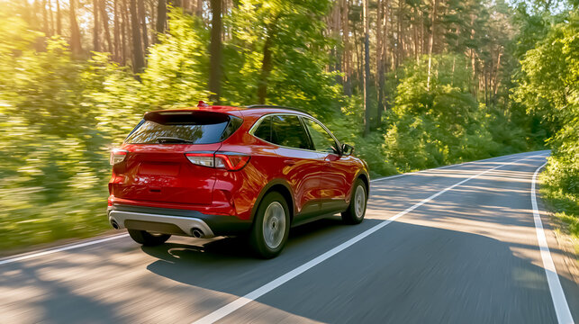 Red SUV driving briskly through a bright green summer forest / travel photo


