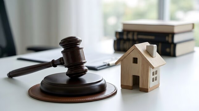 A wooden gavel and a miniature house model resting on a legal document on a bright office desk.