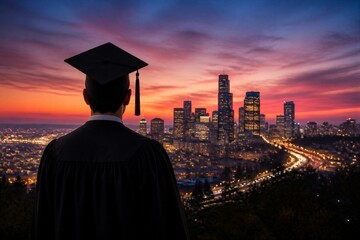 Plakat Graduate overlooking city skyline at sunset from hill