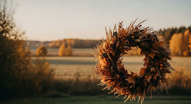 Rustic autumnal wreath displayed against soft blurred agricultural fields during serene golden hour sunset light