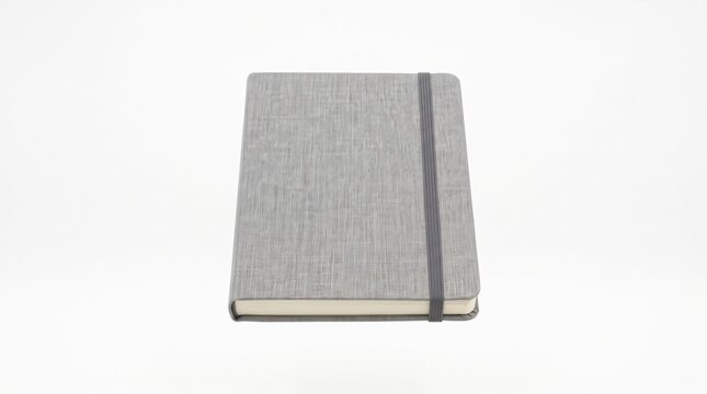 Closed grey fabric notebook with elastic band on white background. Symbolizing workplace boundaries and self care for burnout prevention. Perfect for journaling or psychological safety content.
