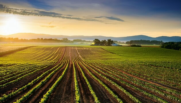 farmland sunrise crops greenery rows