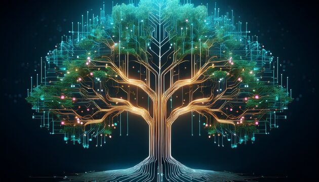 a digital representation of a tree with circuitry branches symbolizing nature and technology ai generative