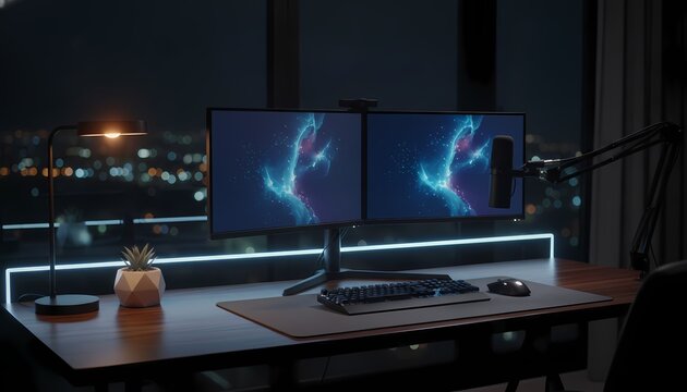 Modern gaming desk setup with dual monitors, mechanical keyboard, mouse, and microphone in a dark room with city lights background