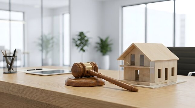 A wooden judge gavel rests on a desk next to a miniature wooden house model in a modern office.