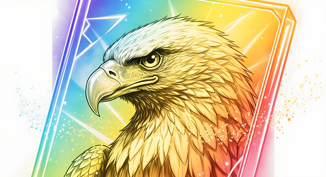 Vibrant and powerful eagle illustration with stunning rainbow spectrum plumage against a mystical geometric background, symbolizing strength and vision