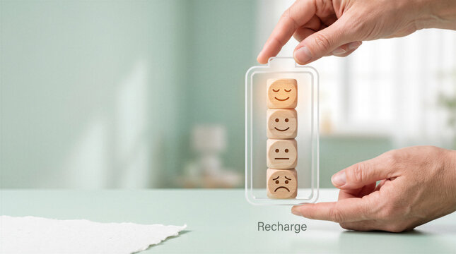 Hands holding battery-shaped frame with wooden emotional faces from sad to happy, concept of mental energy recharge, burnout recovery, emotional wellness and restoring personal balance.