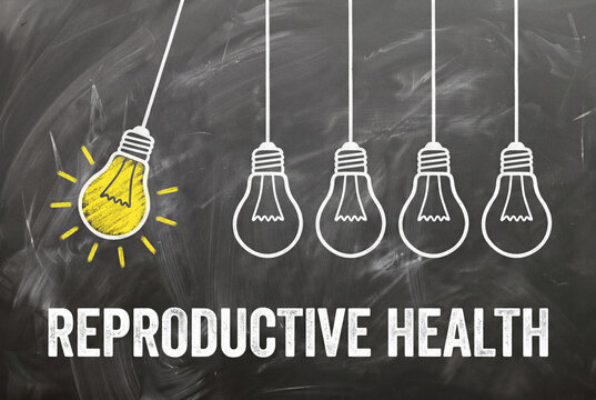 Reproductive health concept written on chalkboard with illuminated light bulb, representing fertility education, sexual healthcare, family planning, medical awareness and reproductive wellness.