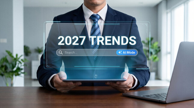 Businessman using tablet with futuristic holographic 2027 trends search interface and AI mode, concept of future forecasting, artificial intelligence, business strategy and emerging technology.
