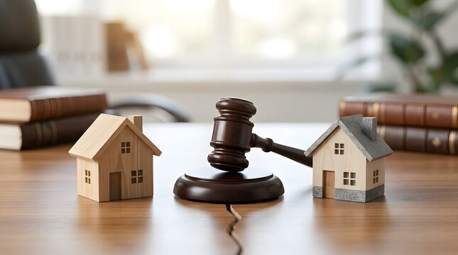 A wooden judge gavel sits on a desk between two miniature house models representing a legal dispute.