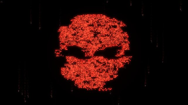 Red Pixel Skull Glitching on Falling Code Rain as Malware Cyber Attack Warning Symbol