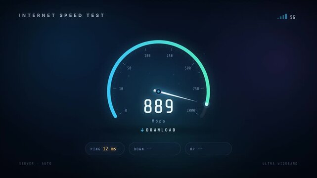 Internet Speed Test Gauge Measuring Ping Download and Upload Megabits Per Second on 5G