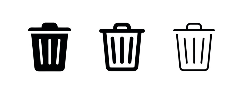 Trash can or recycle bin icon set. Delete, garbage, and waste management symbols.