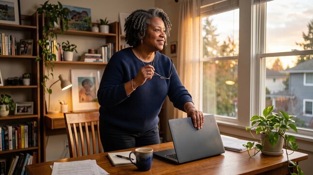 Mature woman closing laptop and looking out window at sunset. Emphasizes burnout prevention and setting boundaries for mental health. Ideal for wellness and remote work articles.