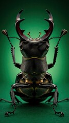 Naklejka premium Male European stag beetle macro shot. Large insect with prominent mandibles on green background. Wildlife concept, endangered species awareness, close up detail of exoskeleton.
