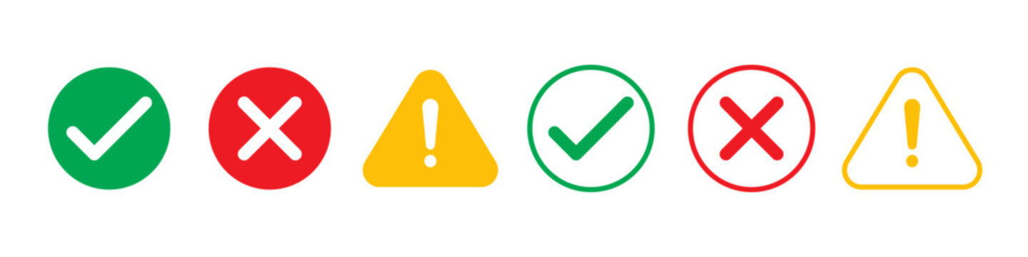 Success, error and warning icon set. Status indicator icon set. Approved and error concepts. checkmark warning symbols. correct wrong indicators.