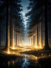 Fototapeta premium Dreamlike forest landscape with glowing light beams between tall trees. Magical rays shine through dark woods at twilight. Small sparkles float in misty air above calm stream. Enchanted nature scene